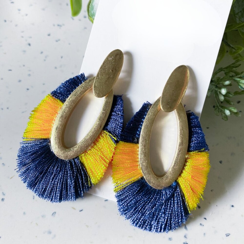 Blue Yellow Gold Football Fan Team Gameday Gold Dipped Fringed Boho Earrings